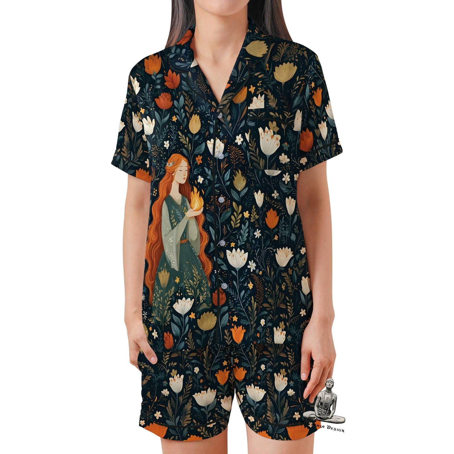 Brigid Pajamas Set Short Sleeves, Brigit Celtic Goddess Woman's Satin Pajama