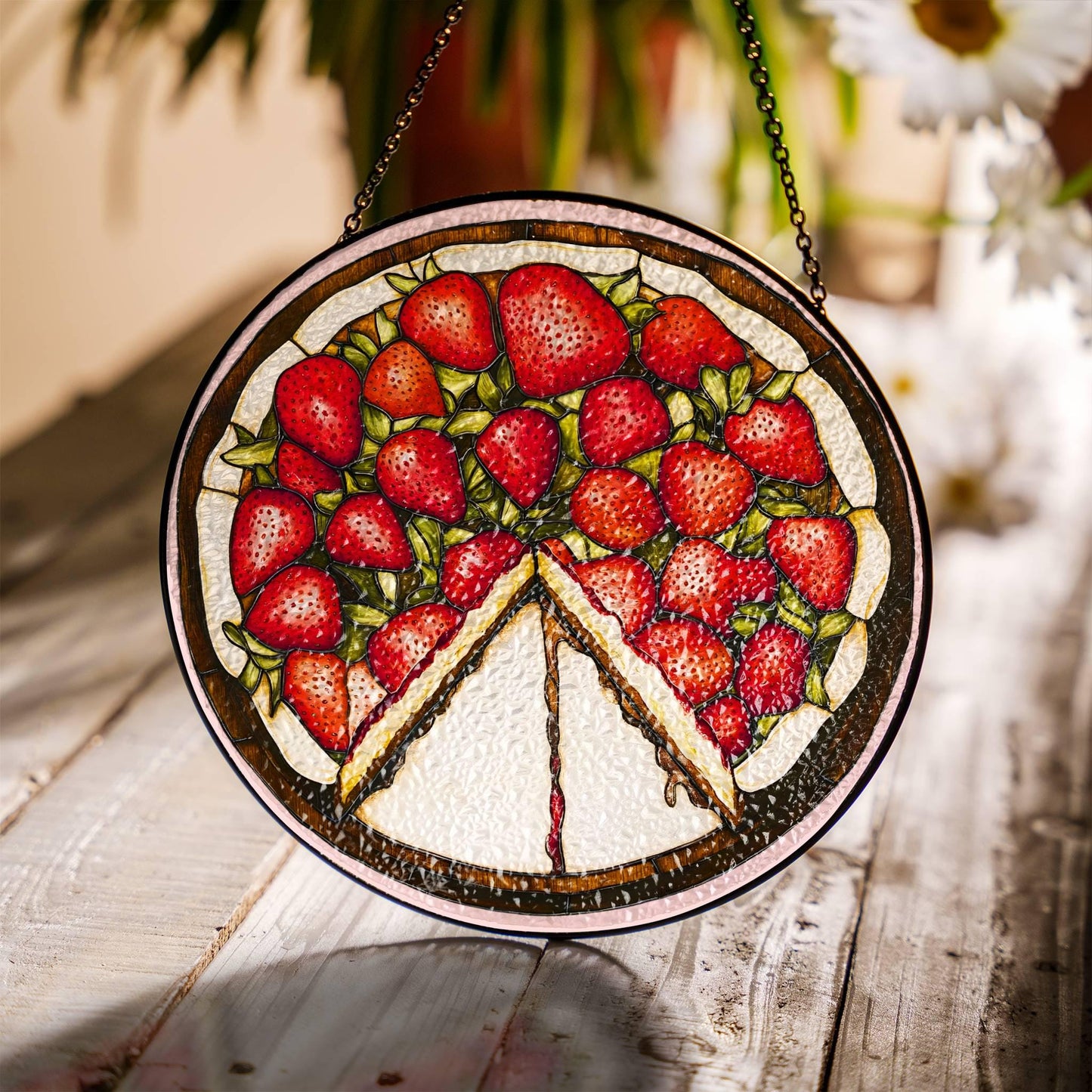 Strawberry Cake Stained Glass SunCatcher Cake Art Light Catcher Window Decor