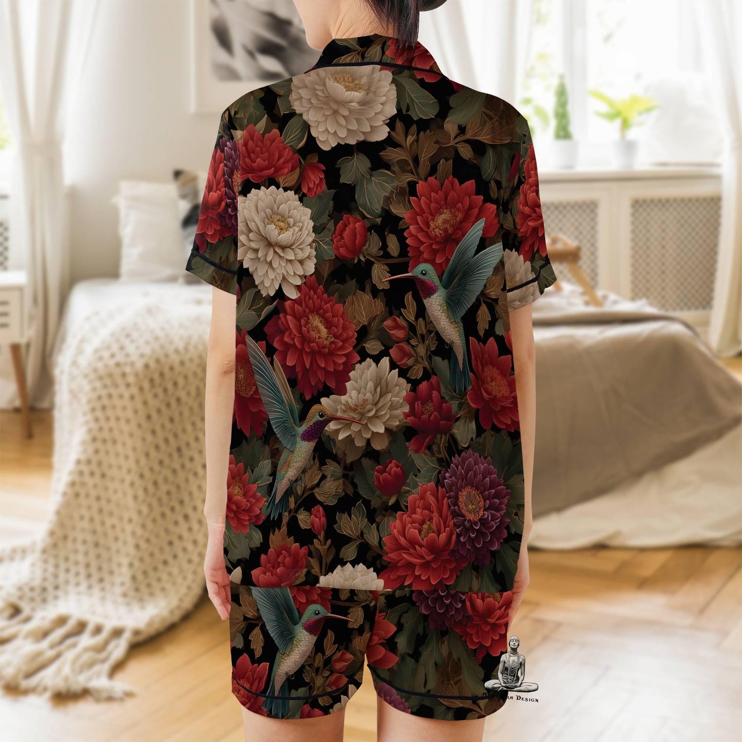 Hummingbird Pajamas Set Short Sleeves, Bird Lover Woman's Satin Pajama