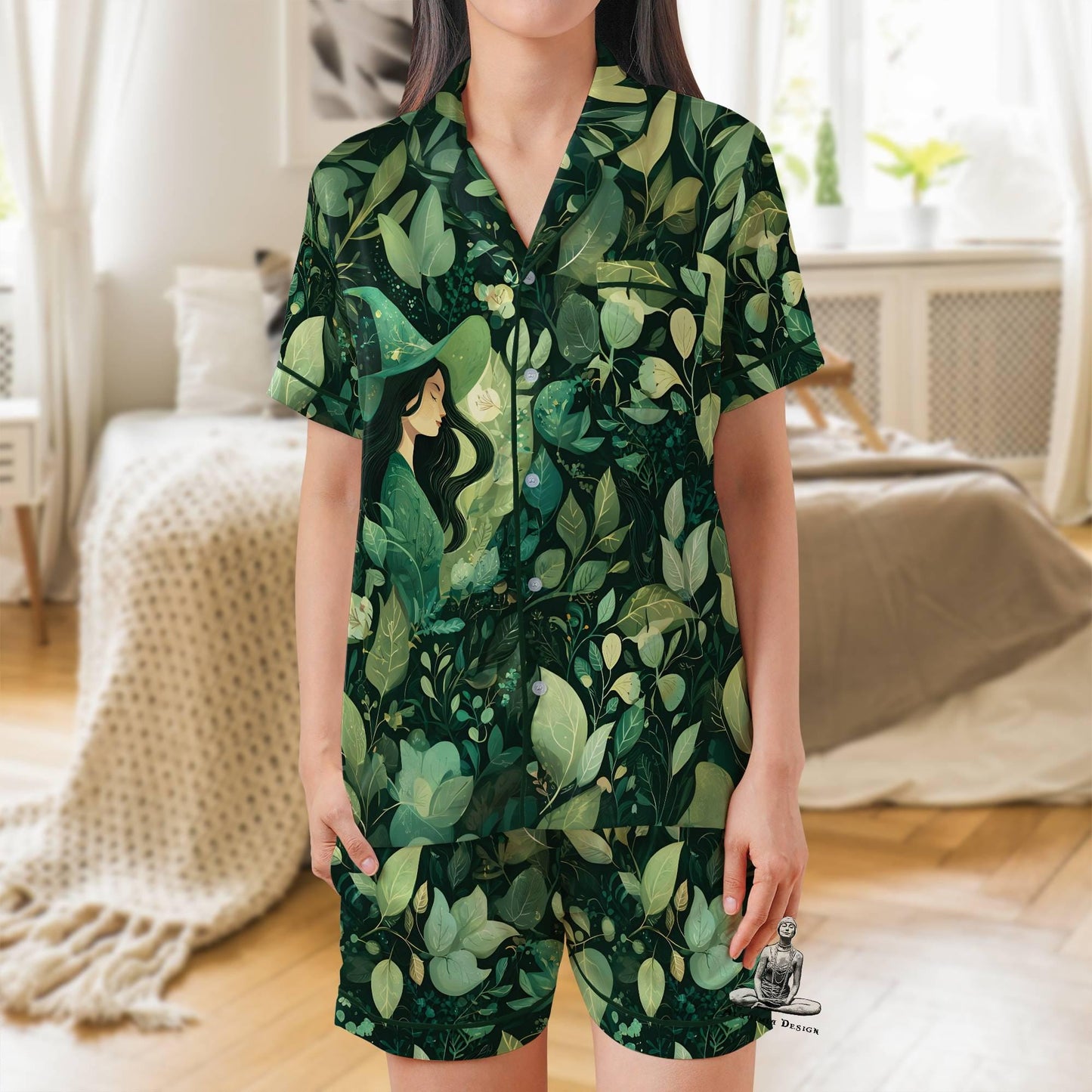 Green Witch Satin Pajama Set - Short Sleeve Wiccan Gift for Plant Lovers Witch