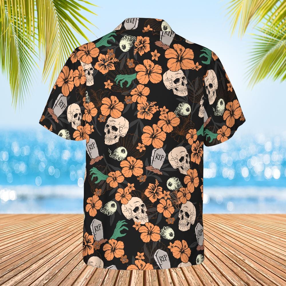 Halloween Button Down Shirt, Halloween Hawaiian Shirt Skeleton Halloween Pattern