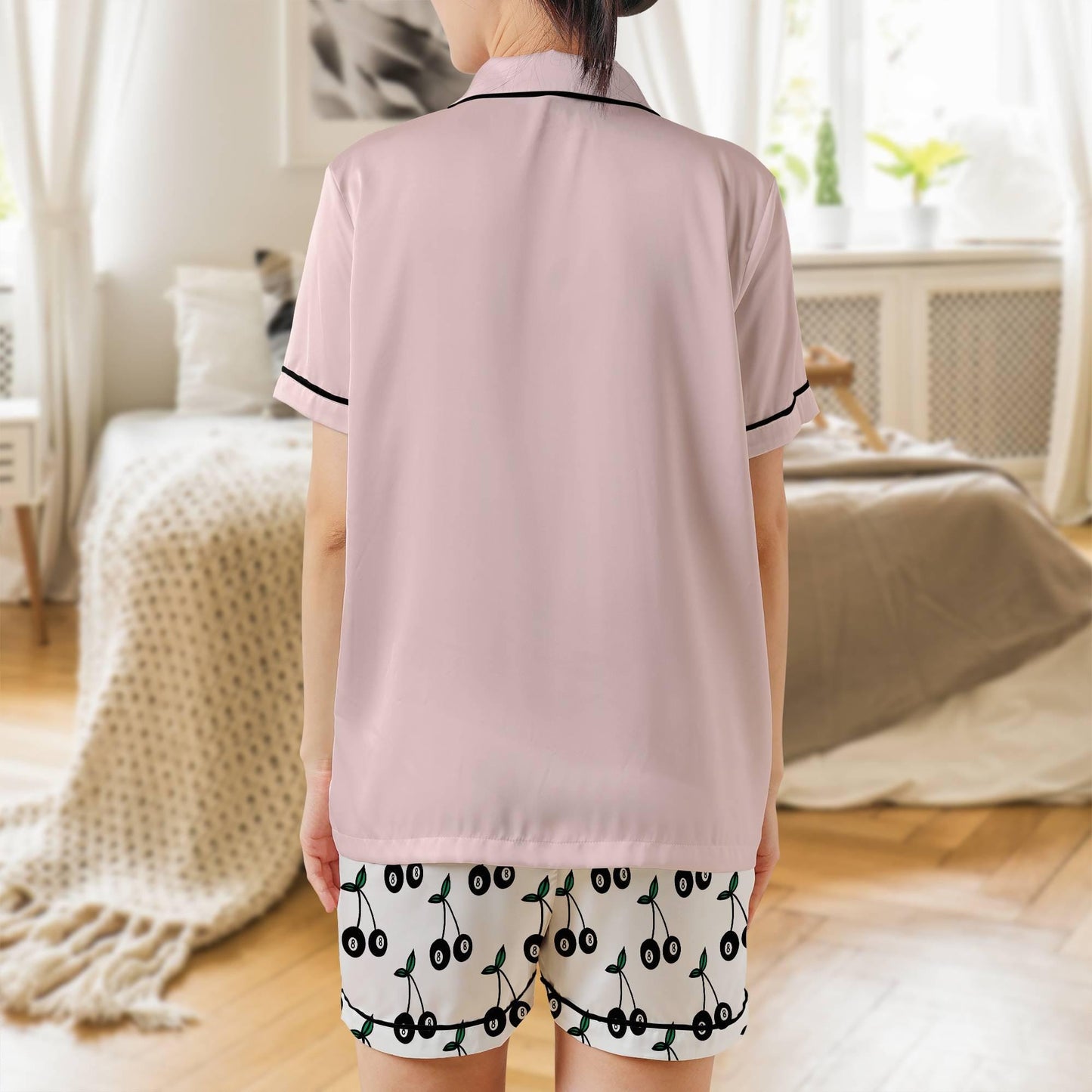 Eight Ball Cherry Satin Pajama Set - Womens Short Sleeve Sleepwear