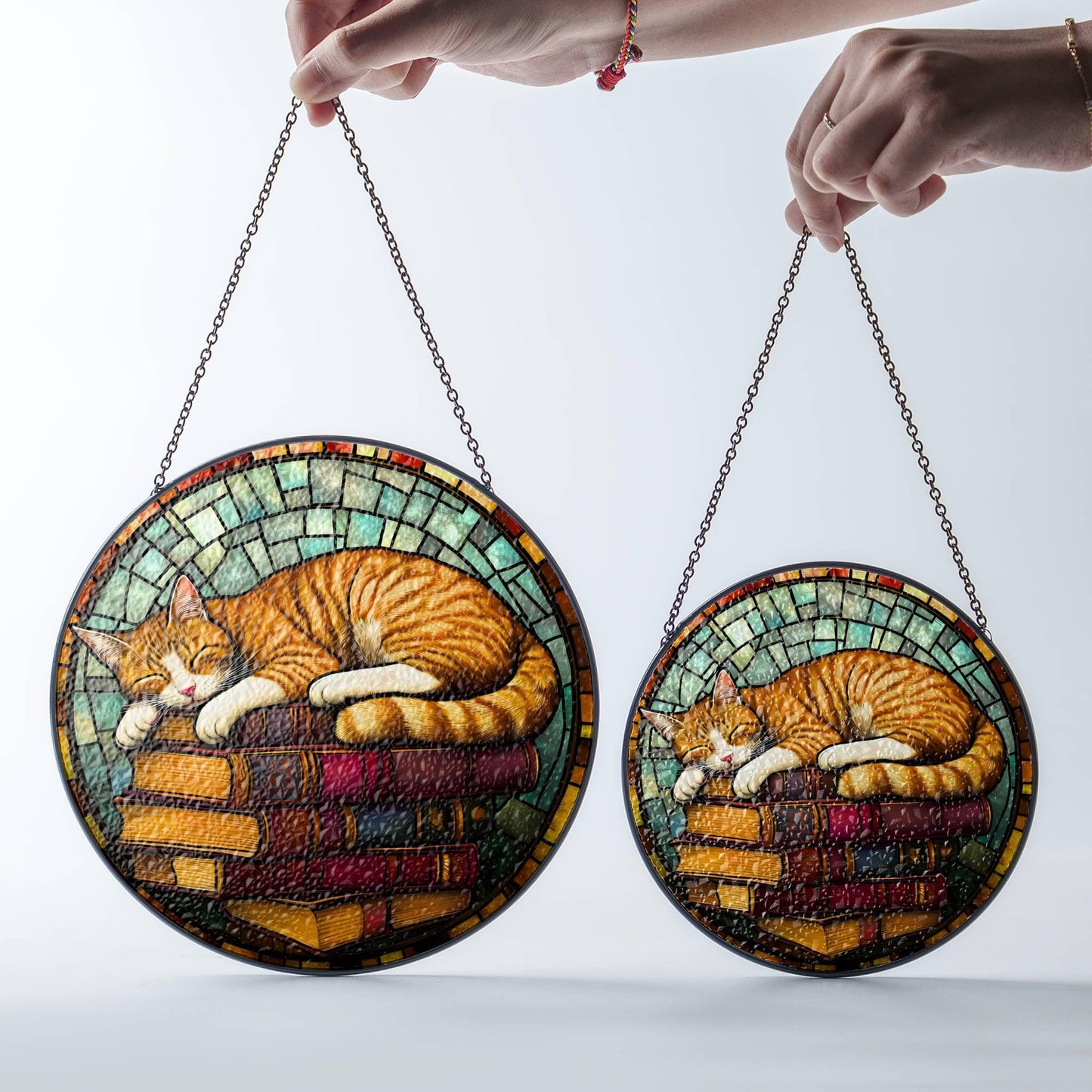 Sleeping Cat on Books Stained Glass Cat Memorial SunCatcher Window Hanging