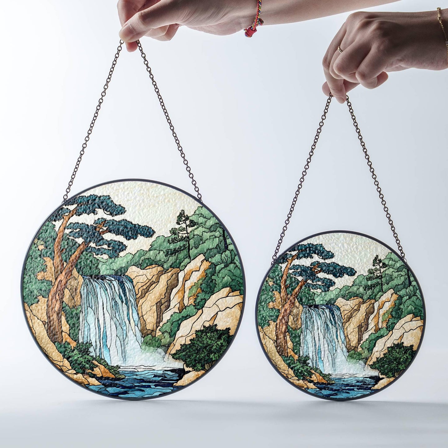 Waterfall Stained Glass SunCatcher Forest Landscape Light Catcher Window Hanging