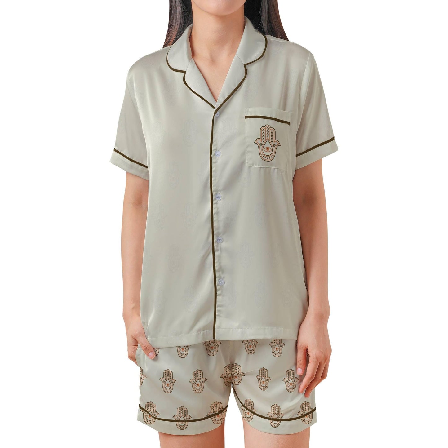 Hamsa Hand Pajama Set Short Sleeves, Hand of Fatima Woman's Satin Pajama