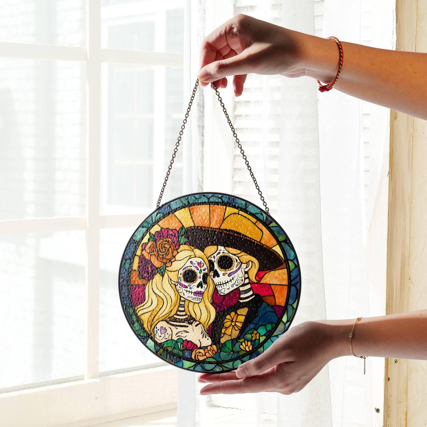 Day of the Dead Sugar Skull Couple Stained Glass SunCatcher Dia de los Muertos