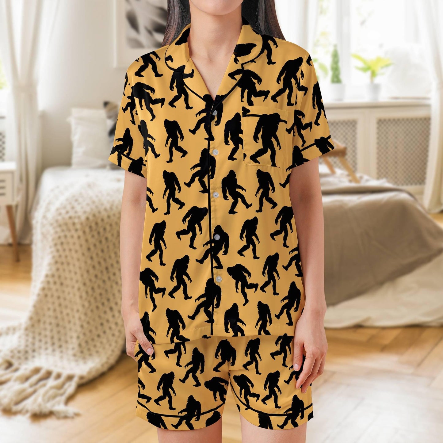 Bigfoot Satin Pajama Set - Sasquatch Womens Short Sleeve Shorts Sleepwear