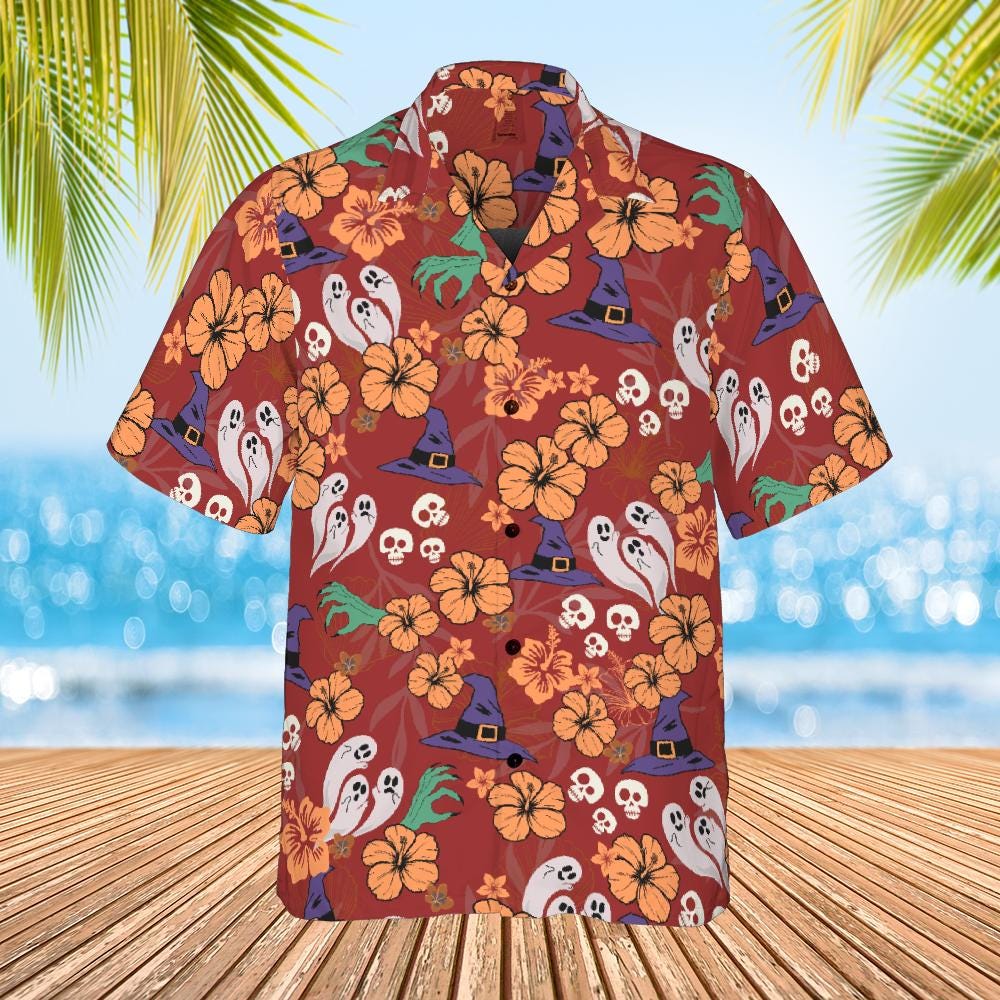 Halloween Hawaiian Shirt, Halloween Button Up Shirt Ghost Witch Halloween Pattern