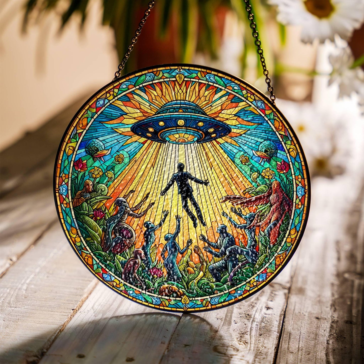 UFO Stained Glass SunCatcher UFO Abduction LightCatcher Cryptid Window Hanging