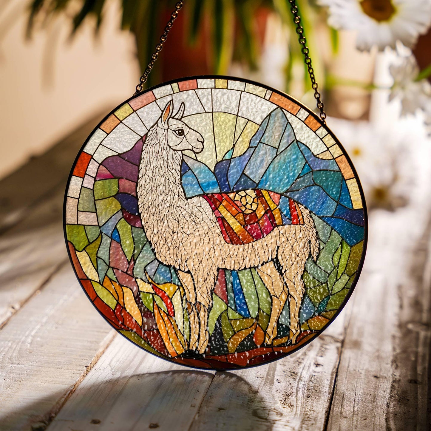Llama Stained Glass Sun Catcher - Alpaca Window Hanging Decor