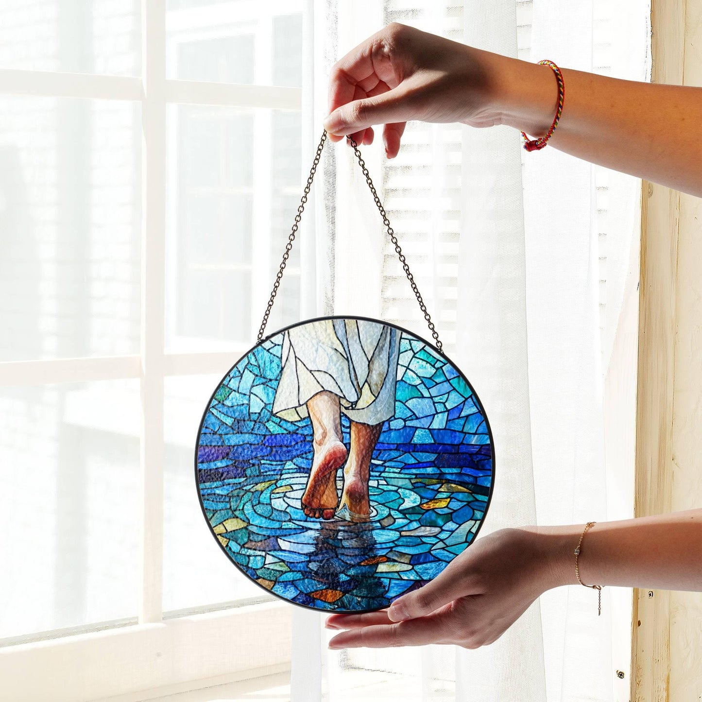 Jesus Walking on Water Stained Glass SunCatcher Christian Art Window Hanging