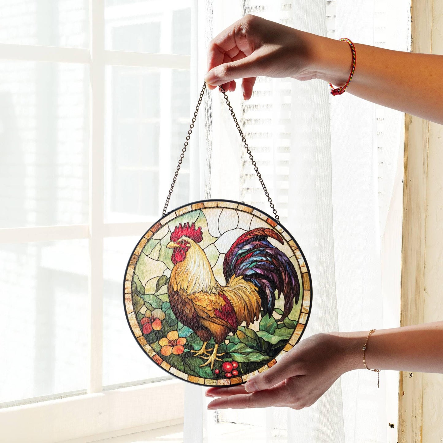 Chicken Stained Glass SunCatcher Farm Animal Window Hanging Home Decor Gift