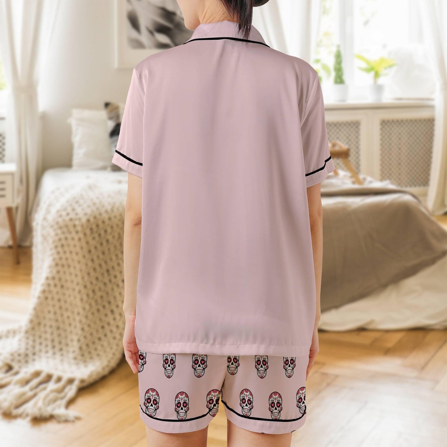 Sugar Skull Satin Pajama Set - Day of the Dead Womens Short Sleeve Calavera PJ