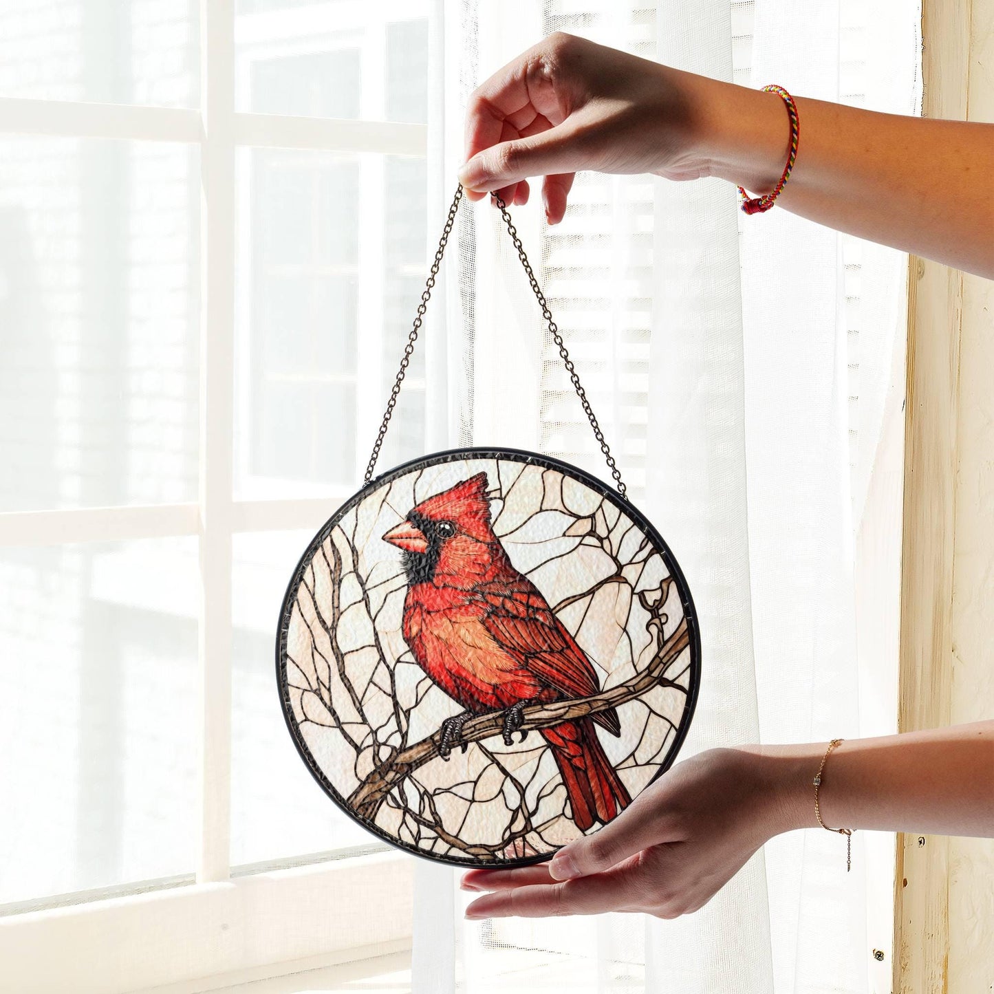 Red Cardinal Stained Glass SunCatcher Northern Cardinal Bird Window Hanging