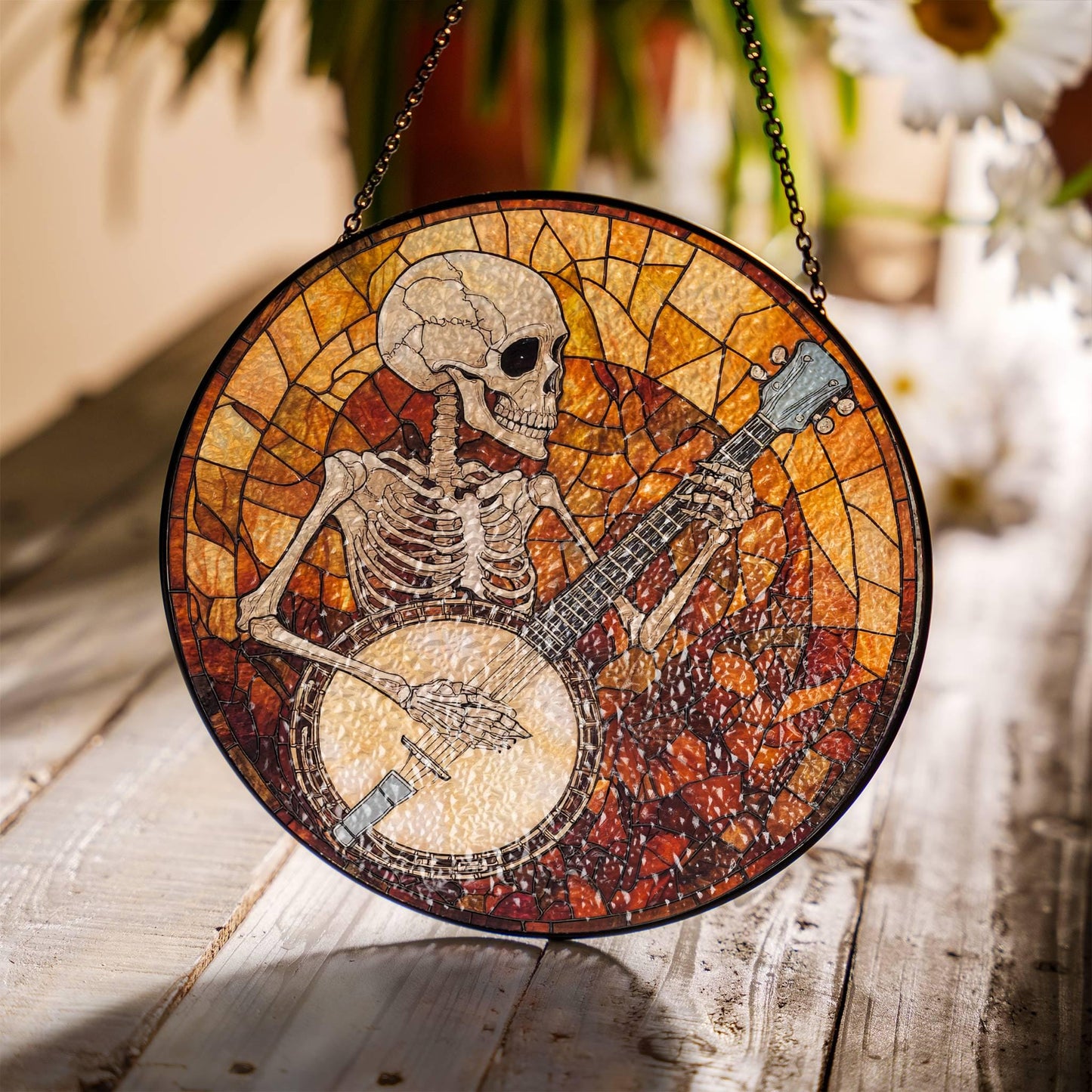 Banjo Stained Glass SunCatcher Skeleton Banjoist Light Catcher Window Hanging