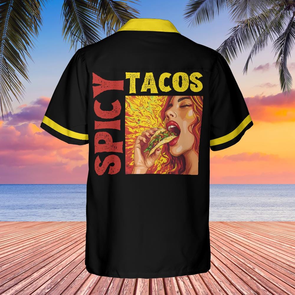 Spicy Tacos Button Down Shirt with Pocket, Taco Shirt Spicy Food Short-sleeve Hawaiian Shirt Spicy Chili Foodie Shirt