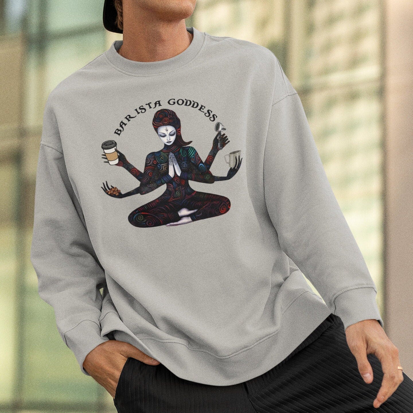 Barista Goddess Sweatshirt - Coffee Lover Crew Neck for Women