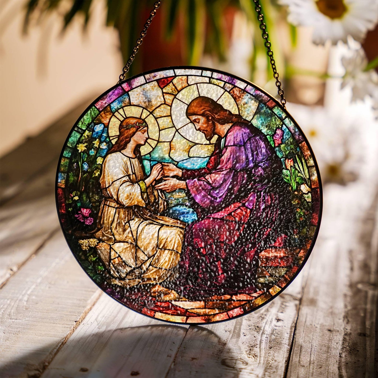 Jesus Healing Woman Stained Glass SunCatcher Christian Art Window Hanging Bible