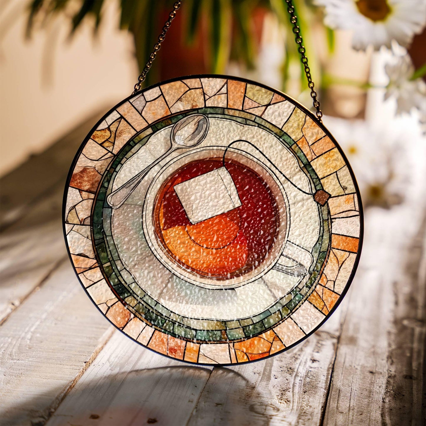 Tea Stained Glass SunCatcher Tea Cup Window Hanging Tea Time Home Decoration