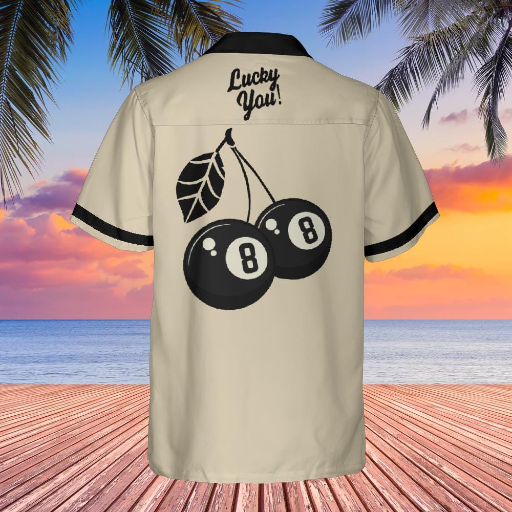 Lucky You Cherry 8 Ball Button Down Shirt with Pocket, Eight Ball Short-sleeve Hawaiian