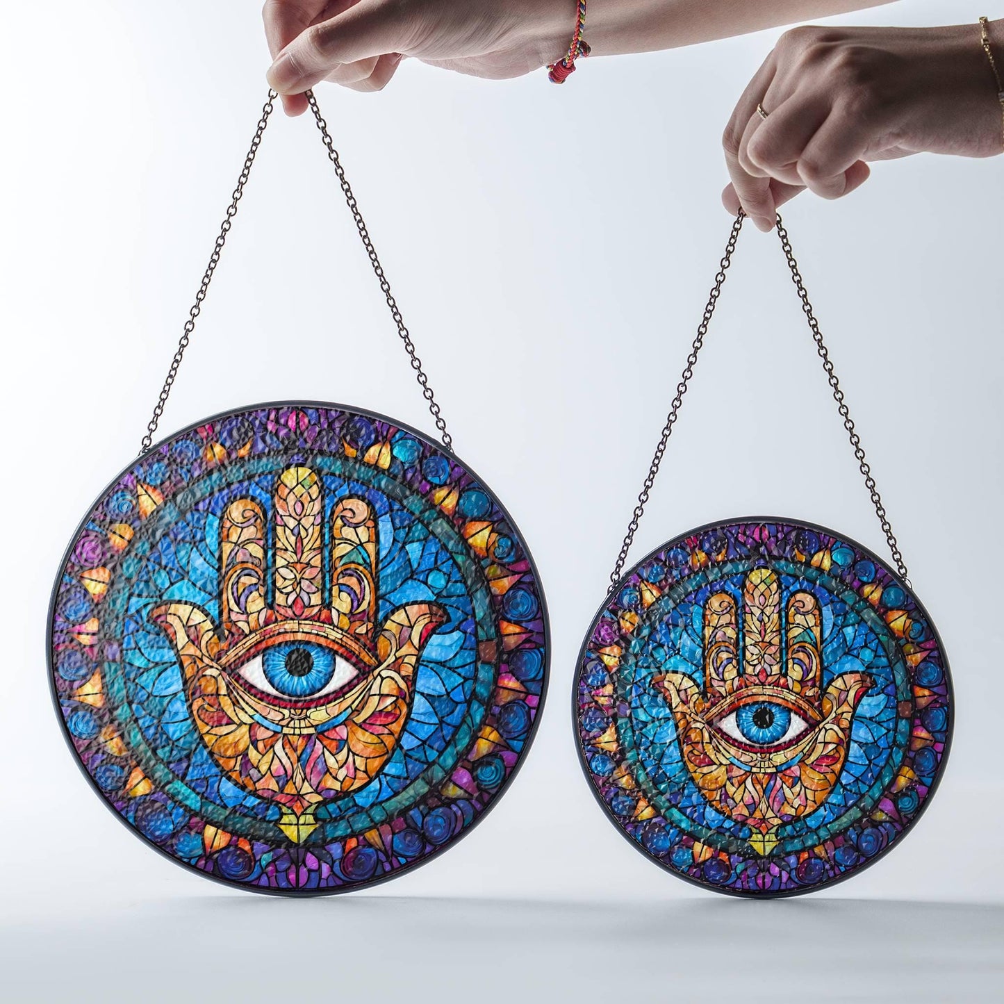 Hamsa Hand Stained Glass Sun Catcher - Hand of Fatima Window Hanging Decor