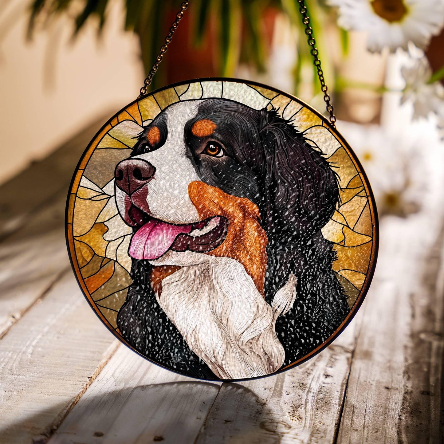 Bernese Mountain Dog Stained Glass Sun Catcher Window Decoration for Dog Lovers