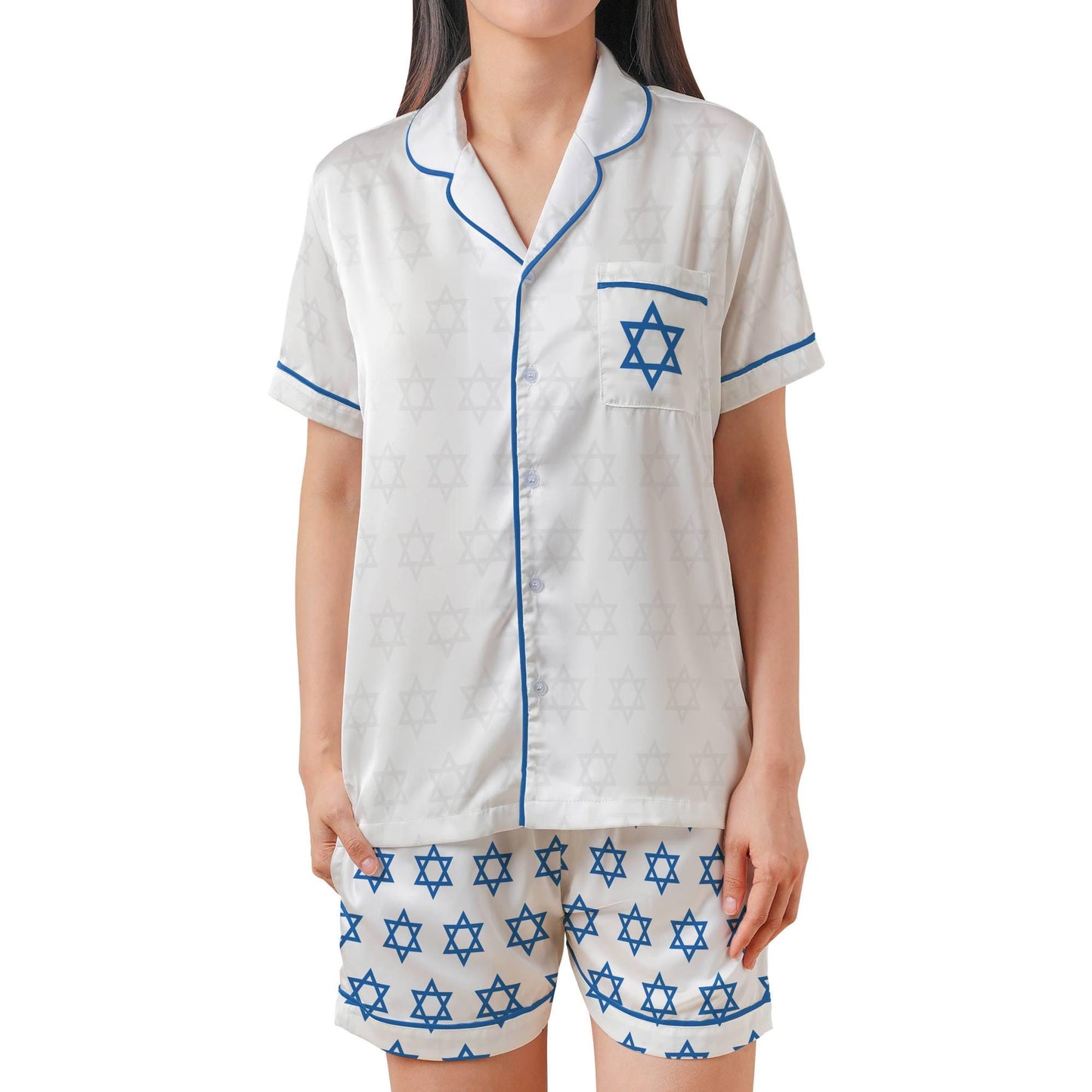 Star of David Pajama Set - Womens Satin Short Sleeve Hanukkah Gift