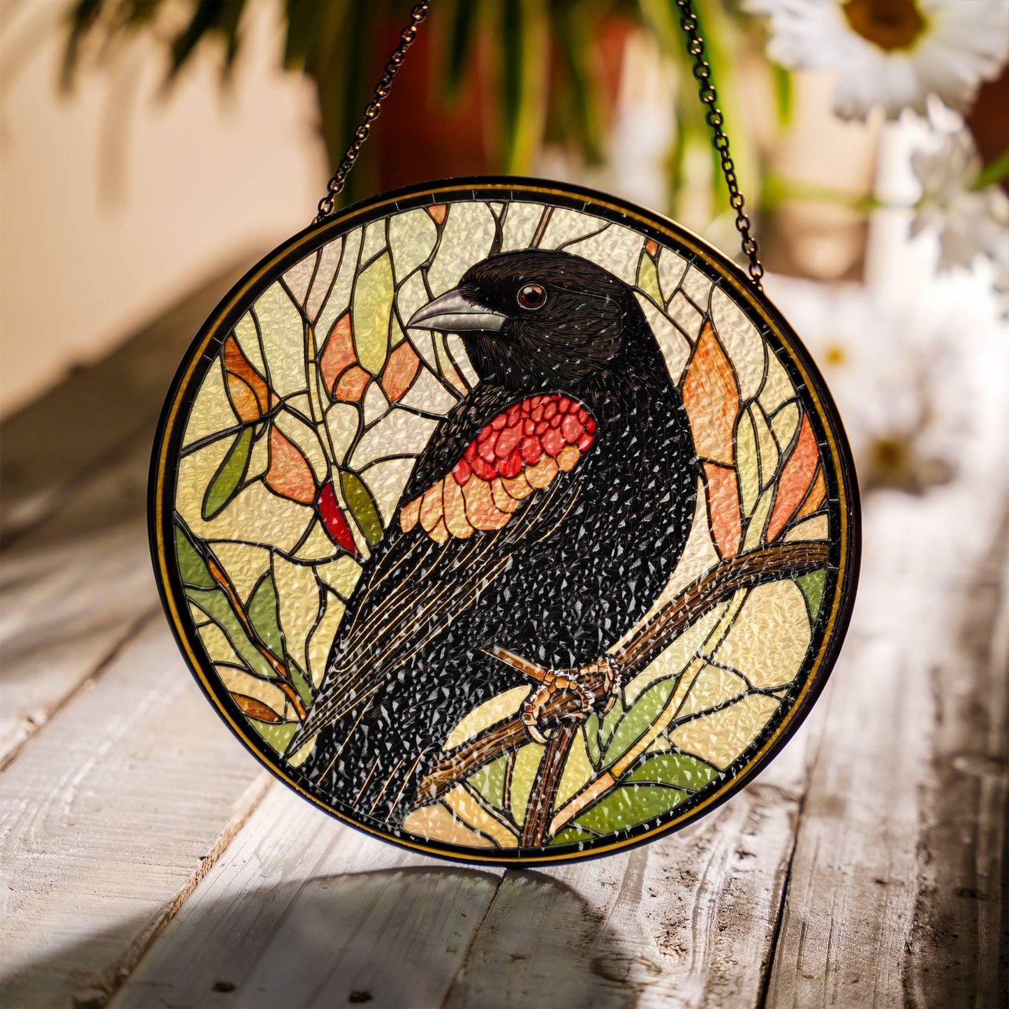Red Winged Blackbird Stained Glass Sun Catcher - Bird Lover Window Decoration