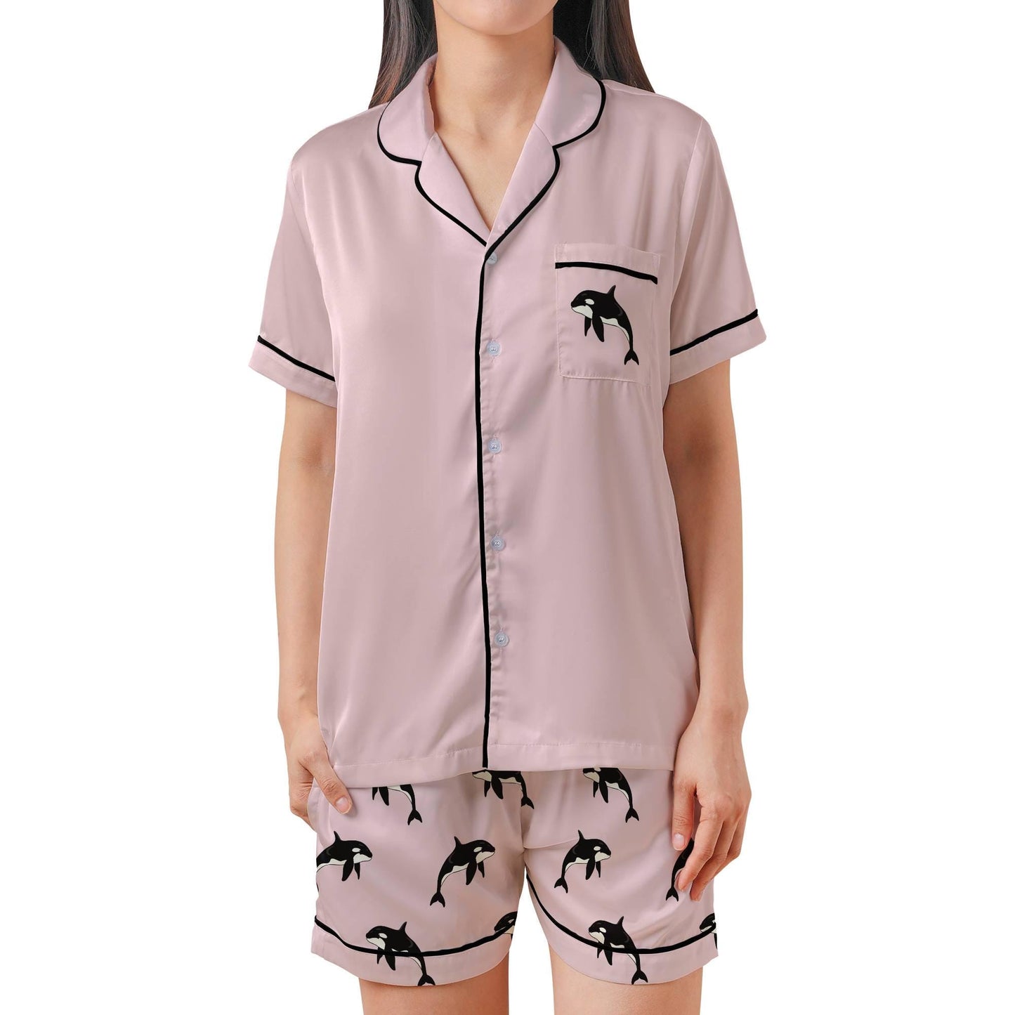 Killer Whale Pajama Set Short Sleeves, Orca Woman's Pink Satin Pajamas