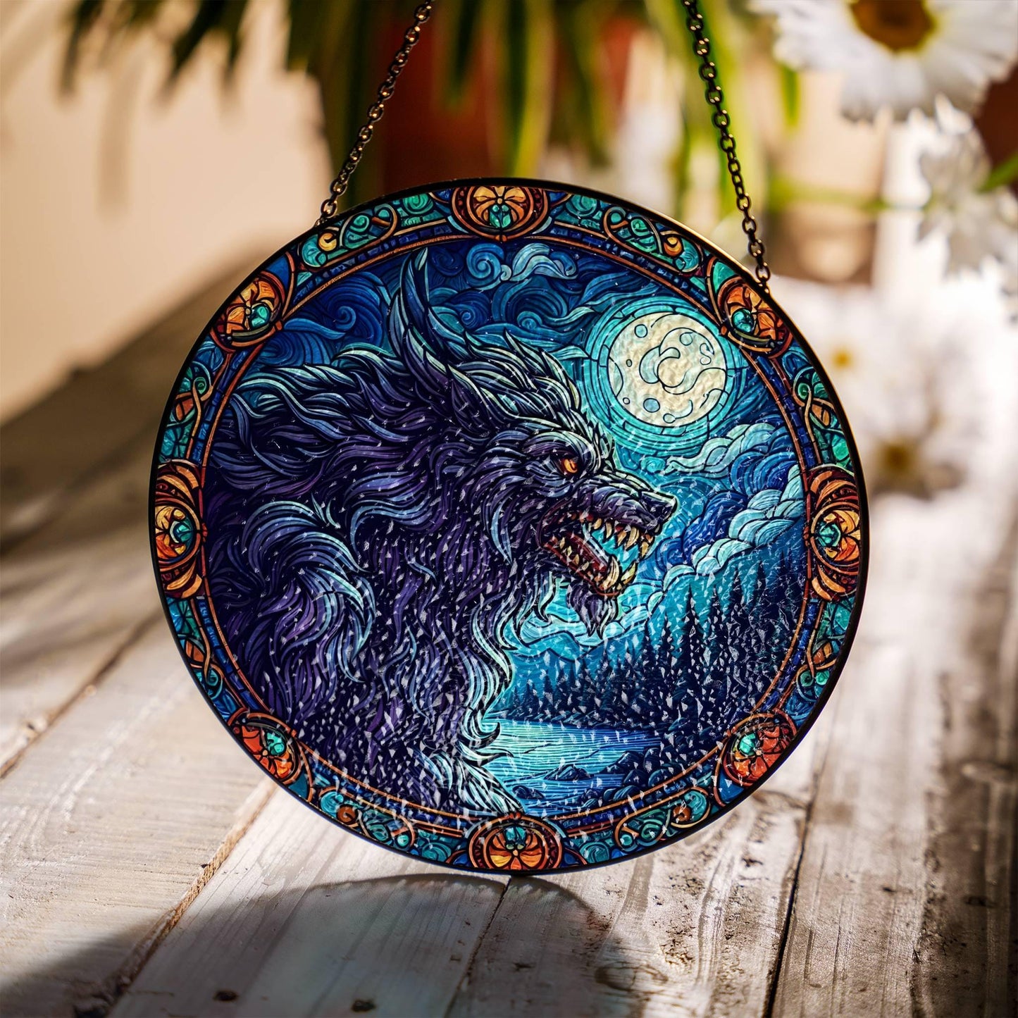 Werewolf Stained Glass SunCatcher - Cryptid Window Hanging Decor