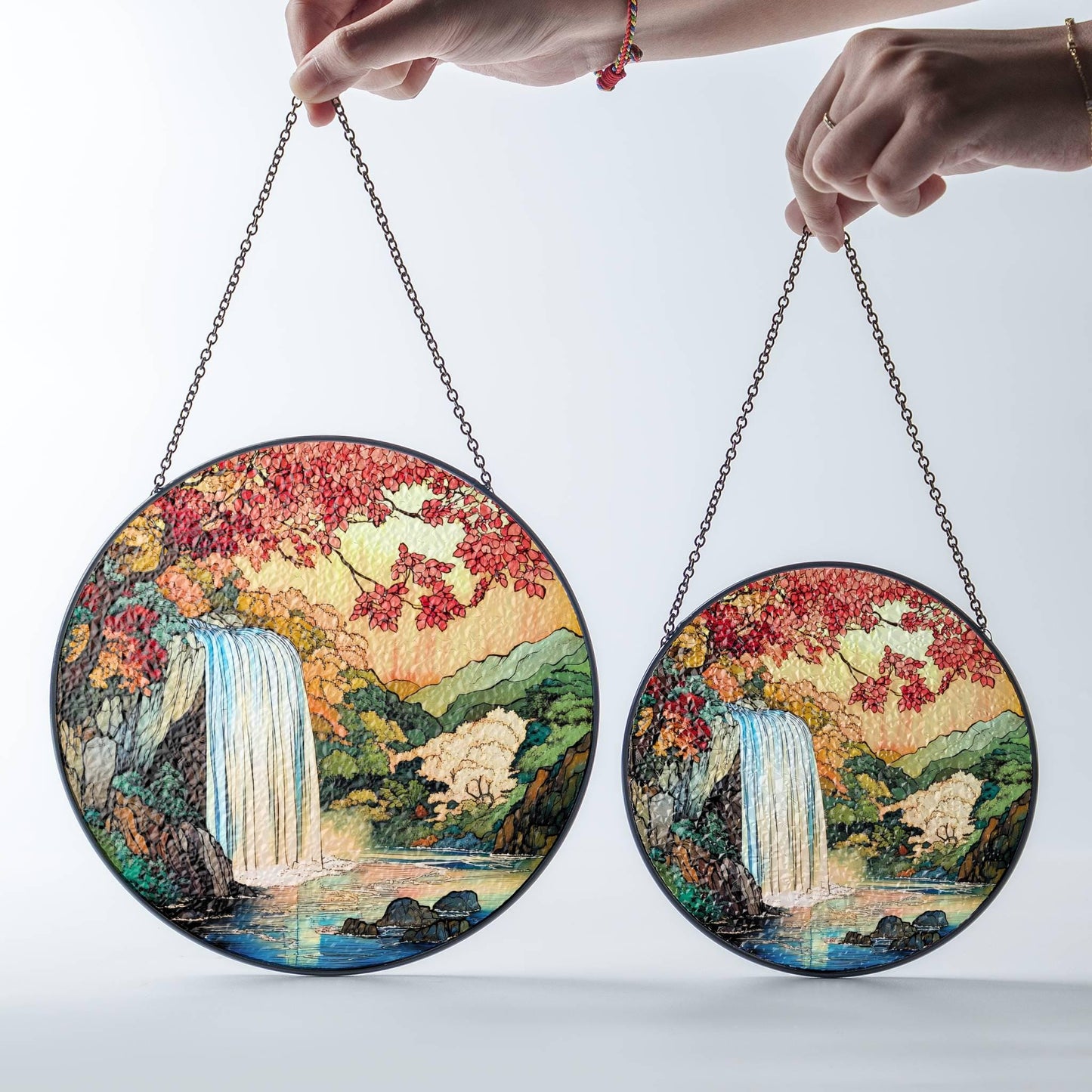 Waterfall Stained Glass SunCatcher Forest Landscape Light Catcher Window Hanging
