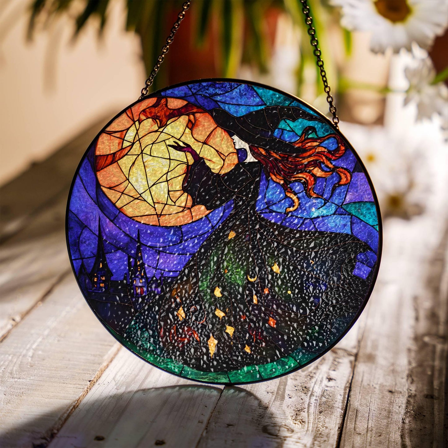 Halloween Witch Stained Glass SunCatcher Halloween Window Home Decor