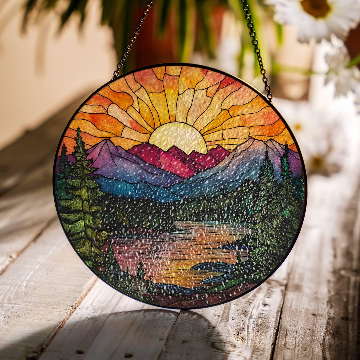 Mountain Range Stained Glass SunCatcher Sunset Window Hanging Scenery Art Decor