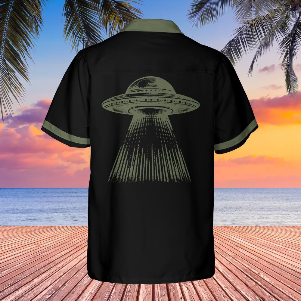 UFO Button Up Shirt with Pocket, Alien UFO Hawaiian Shirt Rockabilly Bowling Shirt