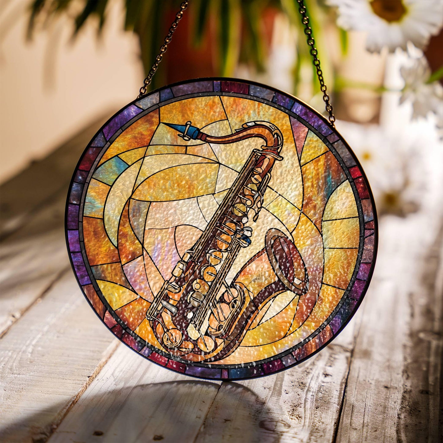 Saxophone Stained Glass Sun Catcher - Jazz Music Window Hanging Decor