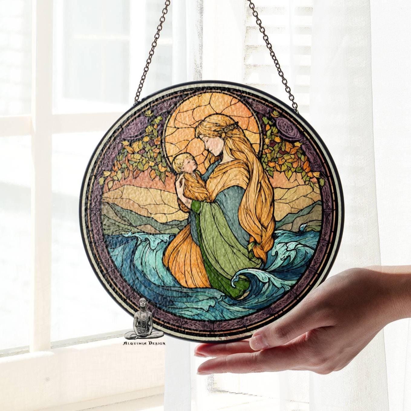 Danu Goddess Stained Glass SunCatcher - Celtic Goddess Window Hanging Decor