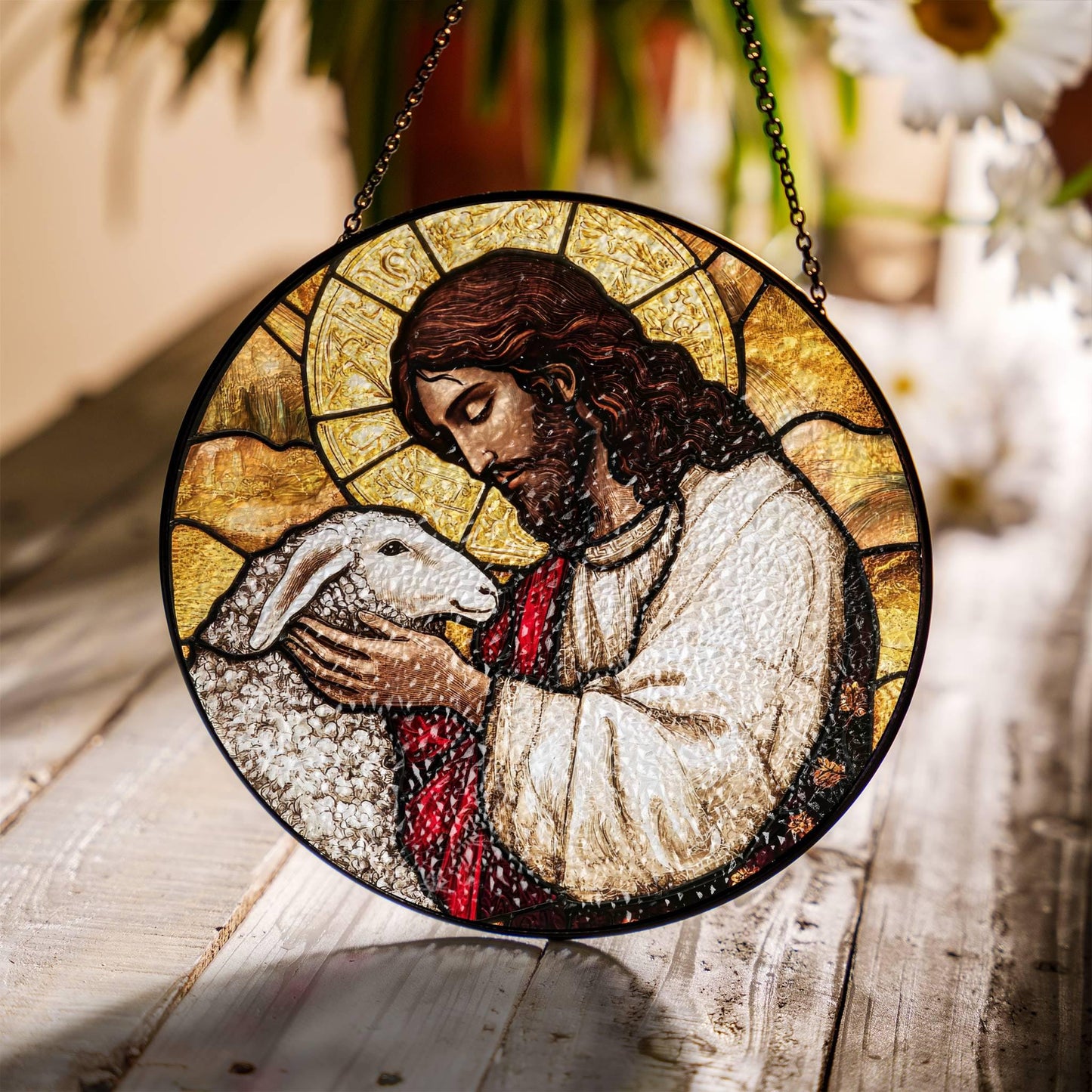 Jesus Leaves the 99 Stained Glass SunCatcher Christian Art Window Decor Art