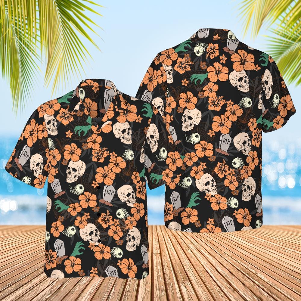 Halloween Button Down Shirt, Halloween Hawaiian Shirt Skeleton Halloween Pattern