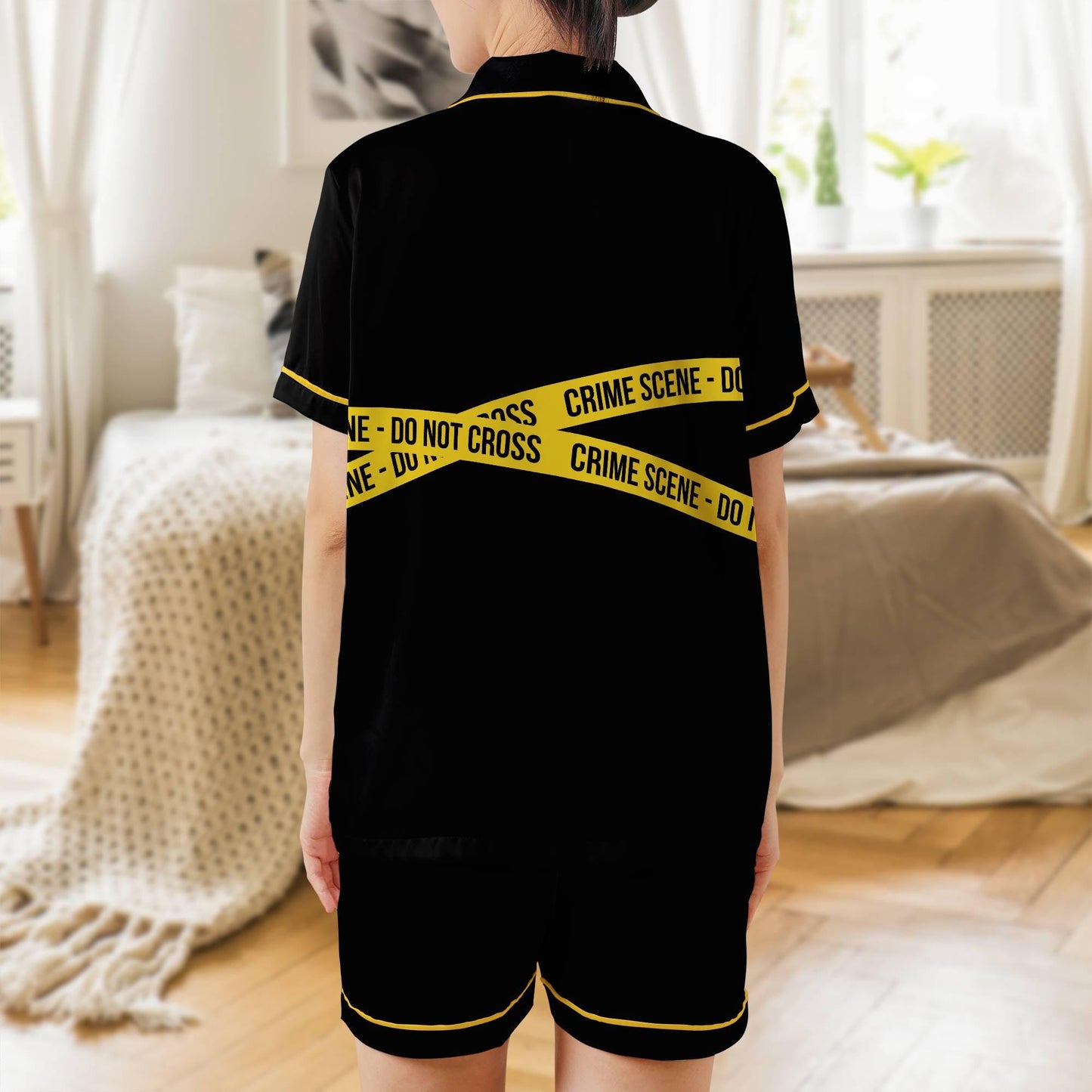 True Crime Scene Pajama Set - Satin Short Sleeve Shorts for Women