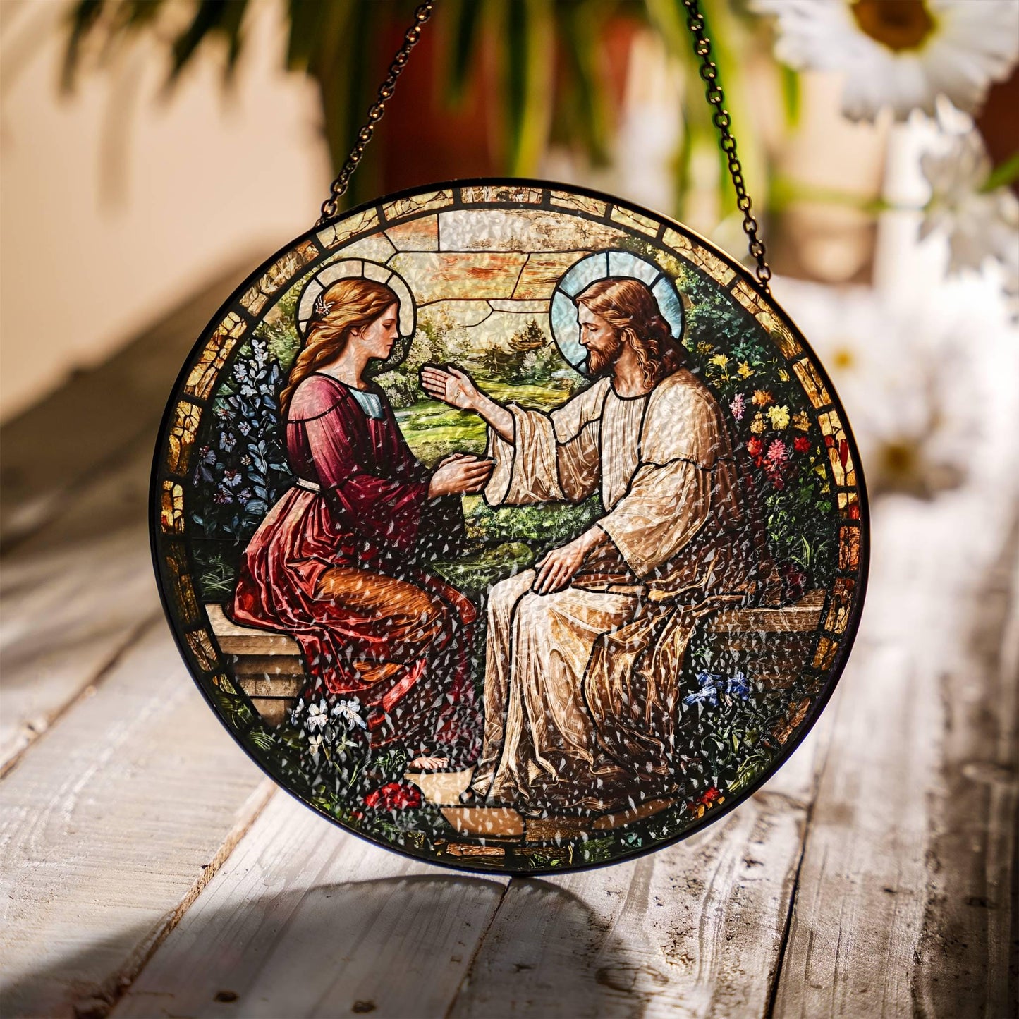 Jesus Healing Woman Stained Glass SunCatcher Christian Art Window Hanging Bible