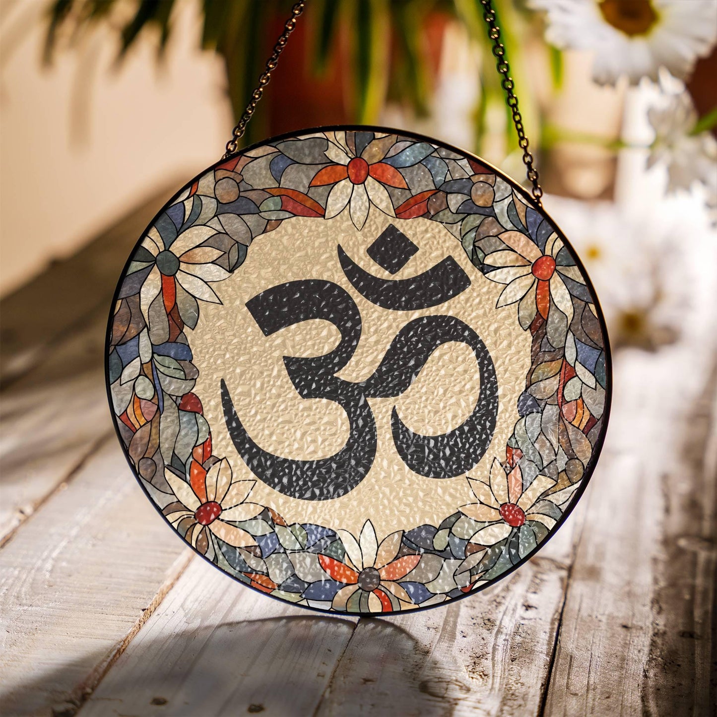 Om Stained Glass San Ohm SunCatcher Light Catcher Aum Window Hanging Protection