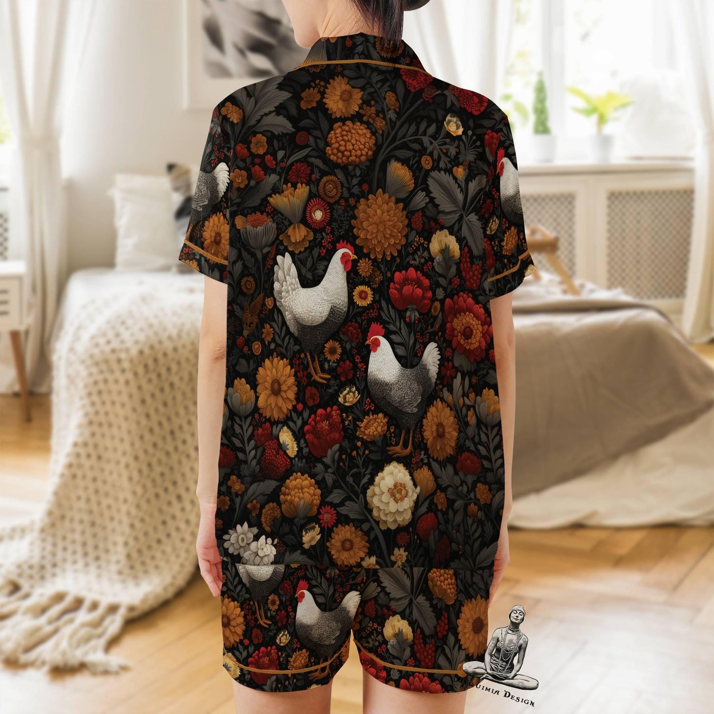 Chicken Short Sleeves Pajama Set, Farm Animal Lover Woman's Satin Pajamas
