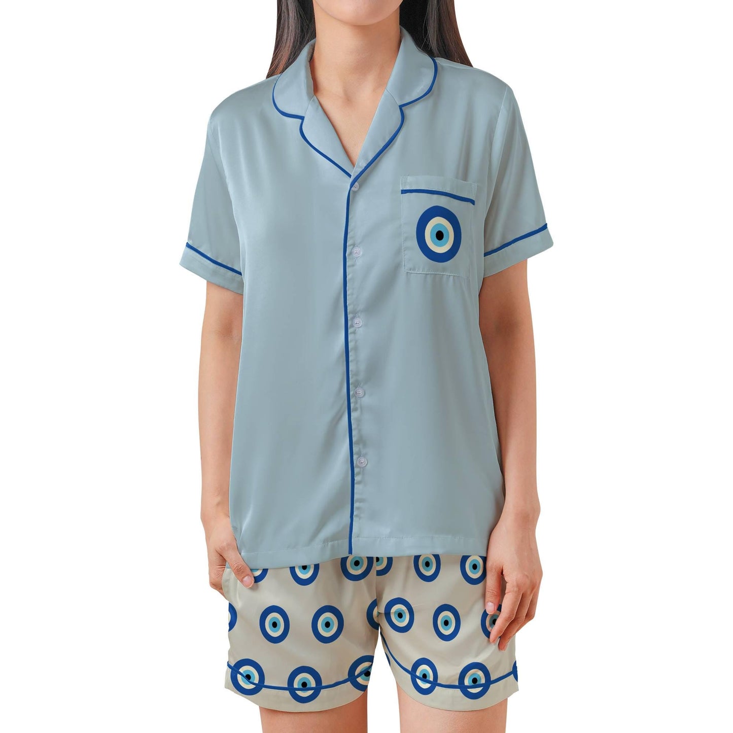 Evil Eye Pajama Set Short Sleeves, Evil Eye Woman's Satin Pajama Short Sleeve
