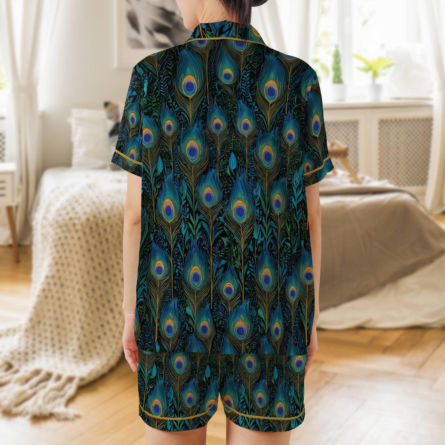 Peacock Pajama Set Short Sleeves, Peacock Feathers Woman's Satin Pajamas