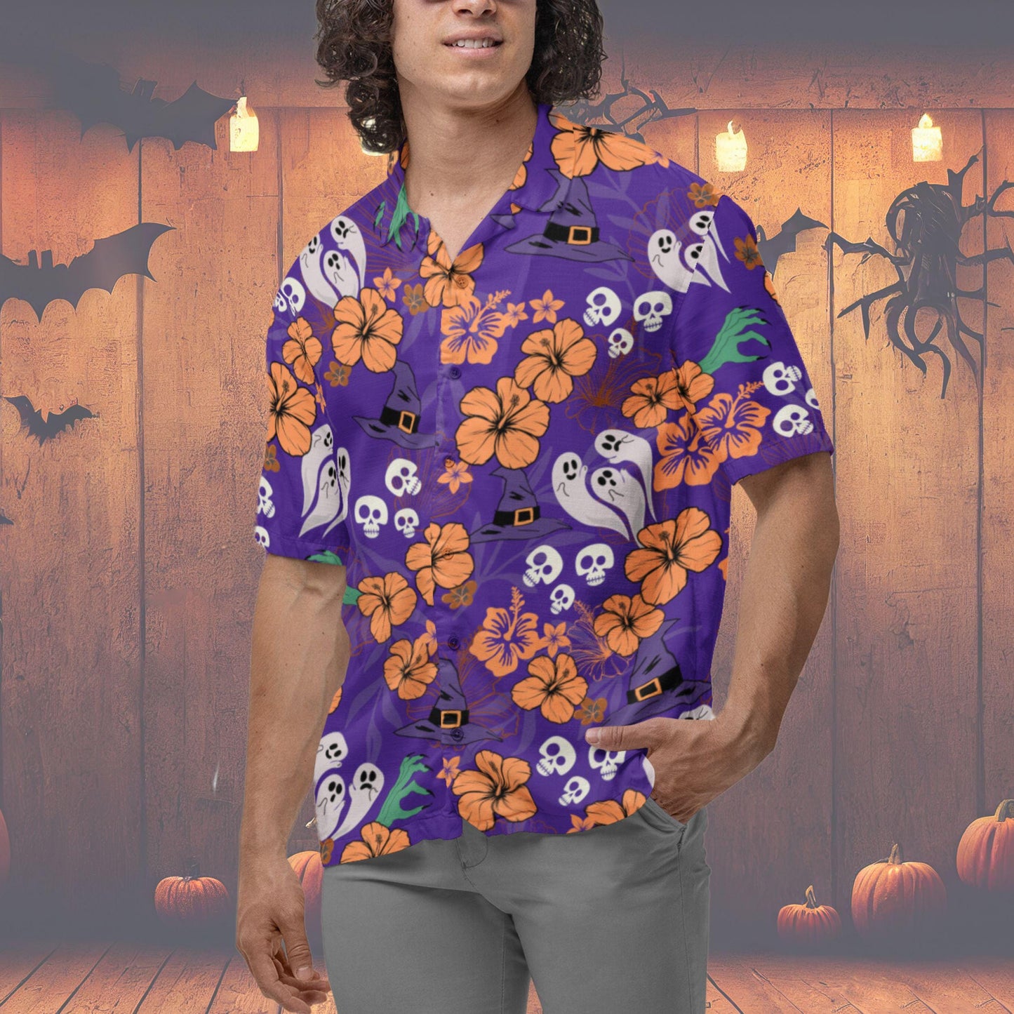 Halloween Hawaiian Shirt, Halloween Button Up Shirt Ghost Witch Halloween Pattern