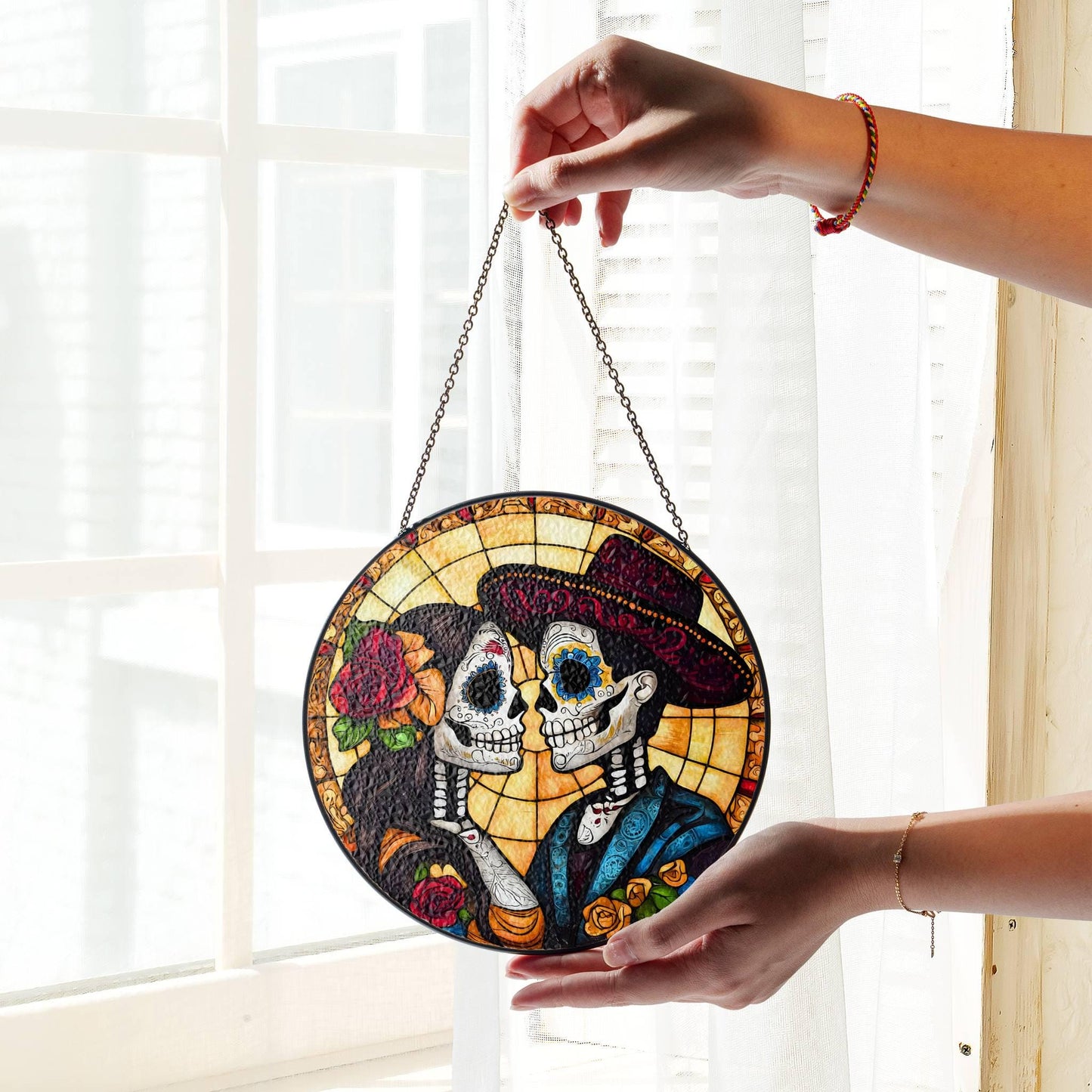 Day of the Dead Sugar Skull Couple Stained Glass SunCatcher Dia de los Muertos