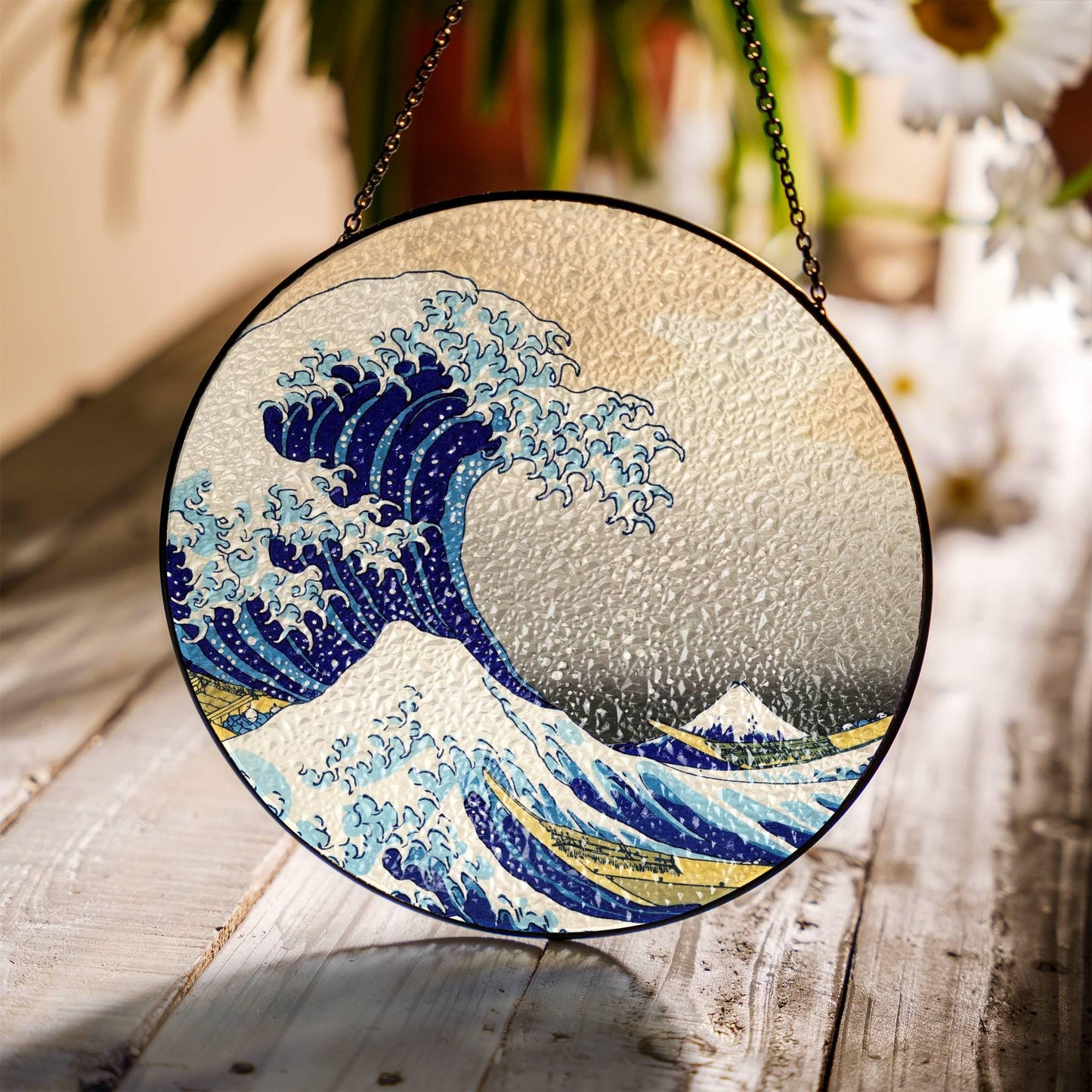 The Great Wave off Kanagawa Stained Glass SunCatcher Window Hanging Decor Art