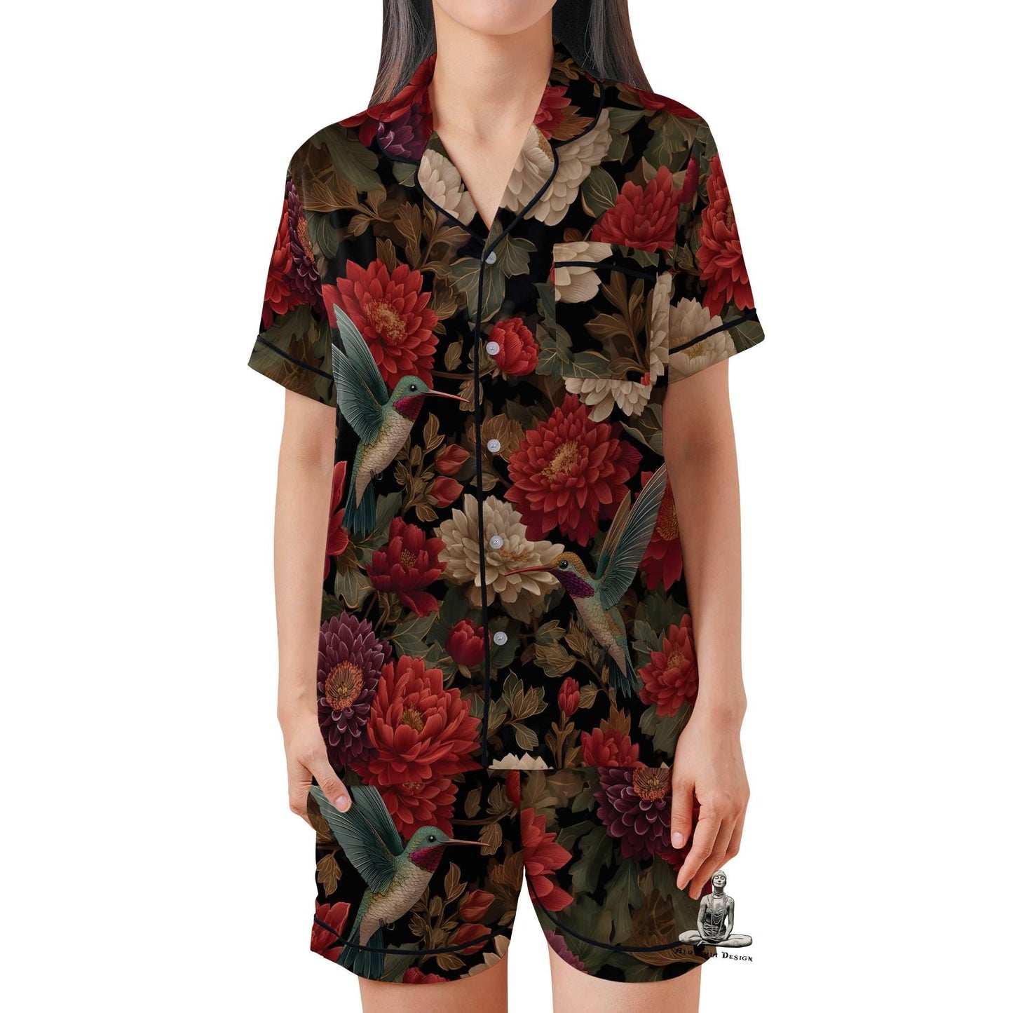 Hummingbird Pajamas Set Short Sleeves, Bird Lover Woman's Satin Pajama