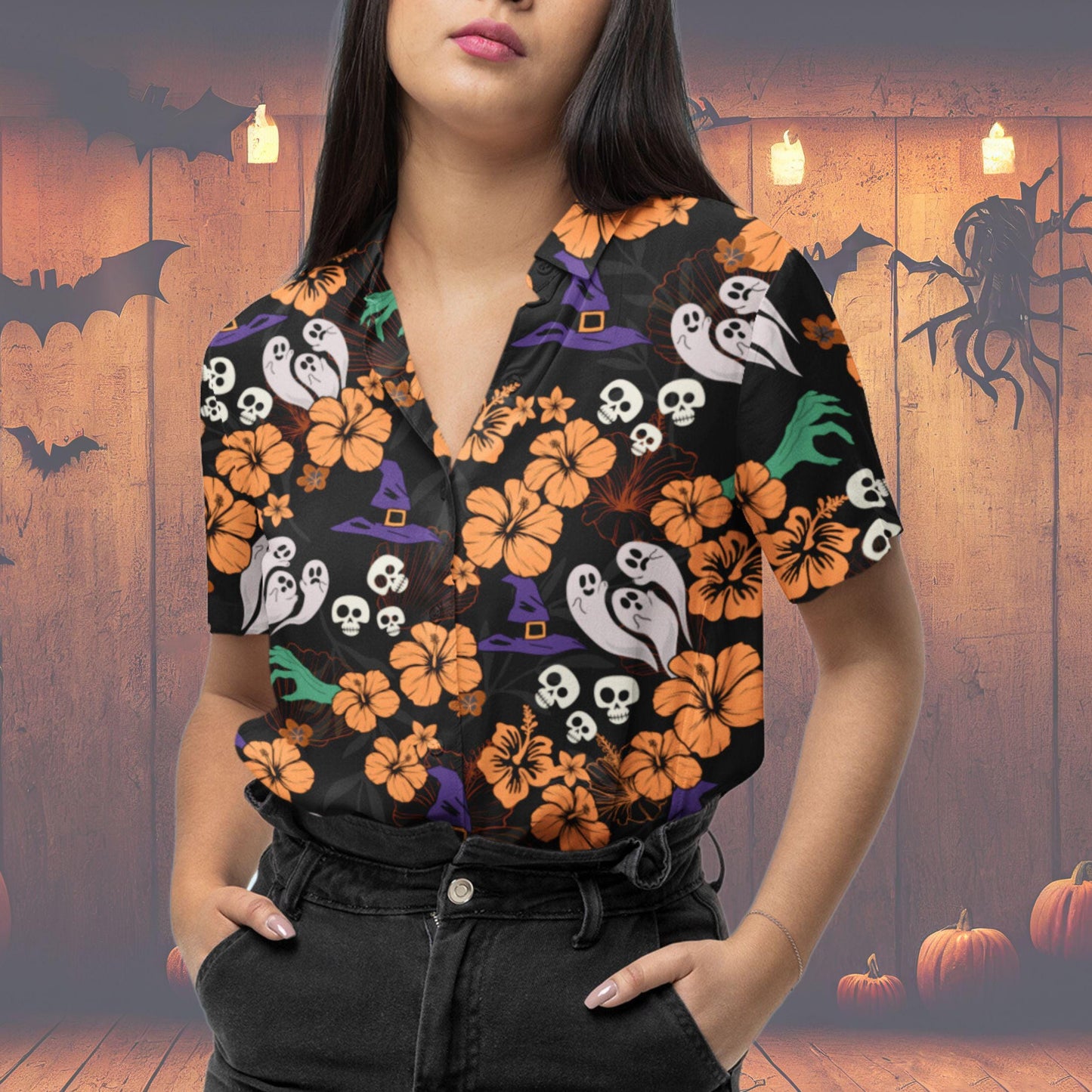 Halloween Hawaiian Shirt, Halloween Button Up Shirt Ghost Witch Halloween Pattern