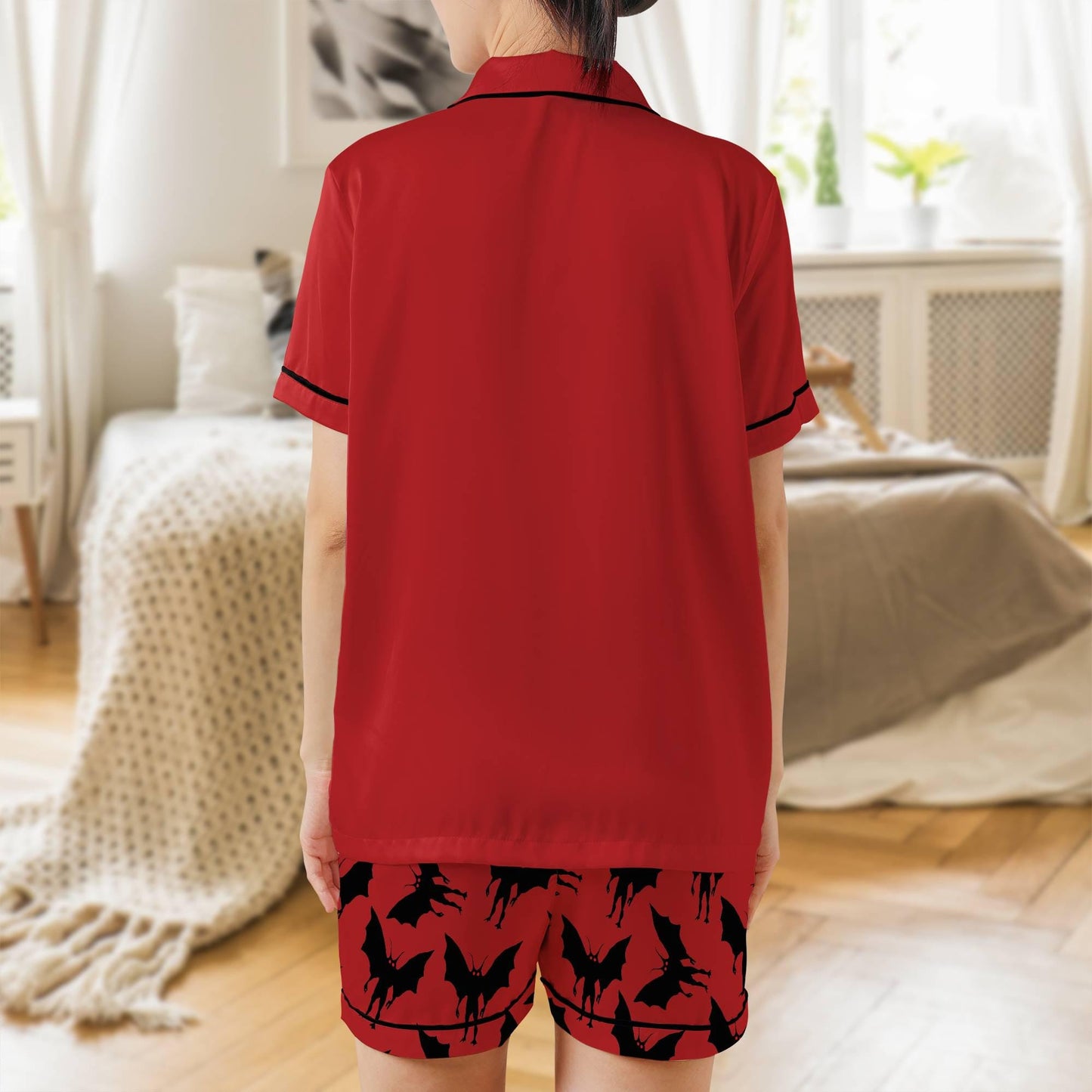 Mothman Short Sleeves Pajama Set, Moth Man Woman's Red Satin Pajamas
